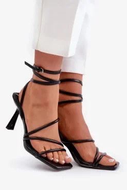 Damskie Boto Stylowe Sandały Na Szpilce Z Paskami Czarne Saredi