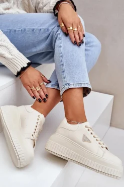 New Boto Stylowe Sneakersy Na Masywnej Platformie Jasnobeżowe Vallexia