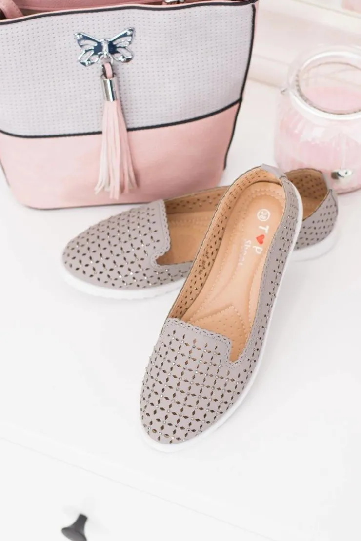 Sale Boto Szare Damskie Baleriny Lordsy z Cyrkoniami Hortense