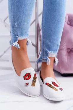 Boto Baleriny Klasyczne*Szare Damskie Baleriny Naszywki Lipstick