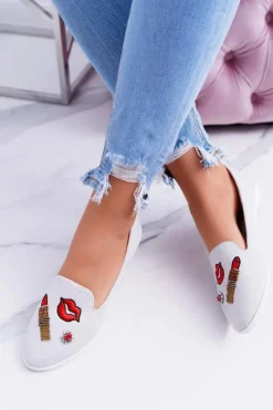 Boto Baleriny Klasyczne*Szare Damskie Baleriny Naszywki Lipstick