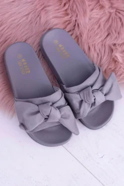 Boto Klapki Damskie Klasyczne*Szare Damskie Zamszowe Klapki z Kokardą Merbolo