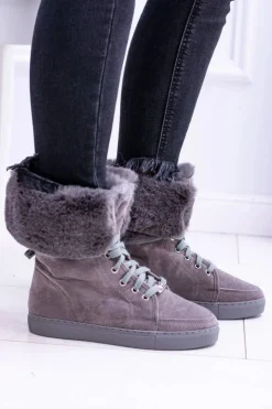 Discount Boto Szare Zamszowe Botki LU BOO Timberki z Futrem