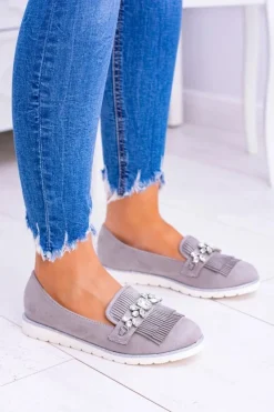 Discount Boto Szare Zamszowe Mokasyny z Kryształami Vivaro