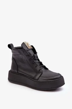 Damskie Boto Sznurowane Botki Damskie Z Ozdobą Skórzane Czarne Nicole 2833