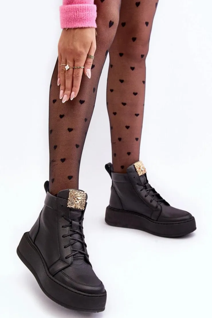 Damskie Boto Sznurowane Botki Damskie Z Ozdobą Skórzane Czarne Nicole 2833