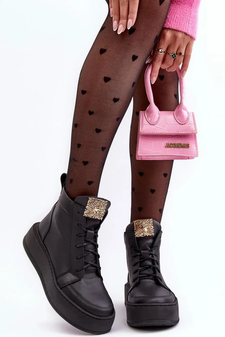 Damskie Boto Sznurowane Botki Damskie Z Ozdobą Skórzane Czarne Nicole 2833