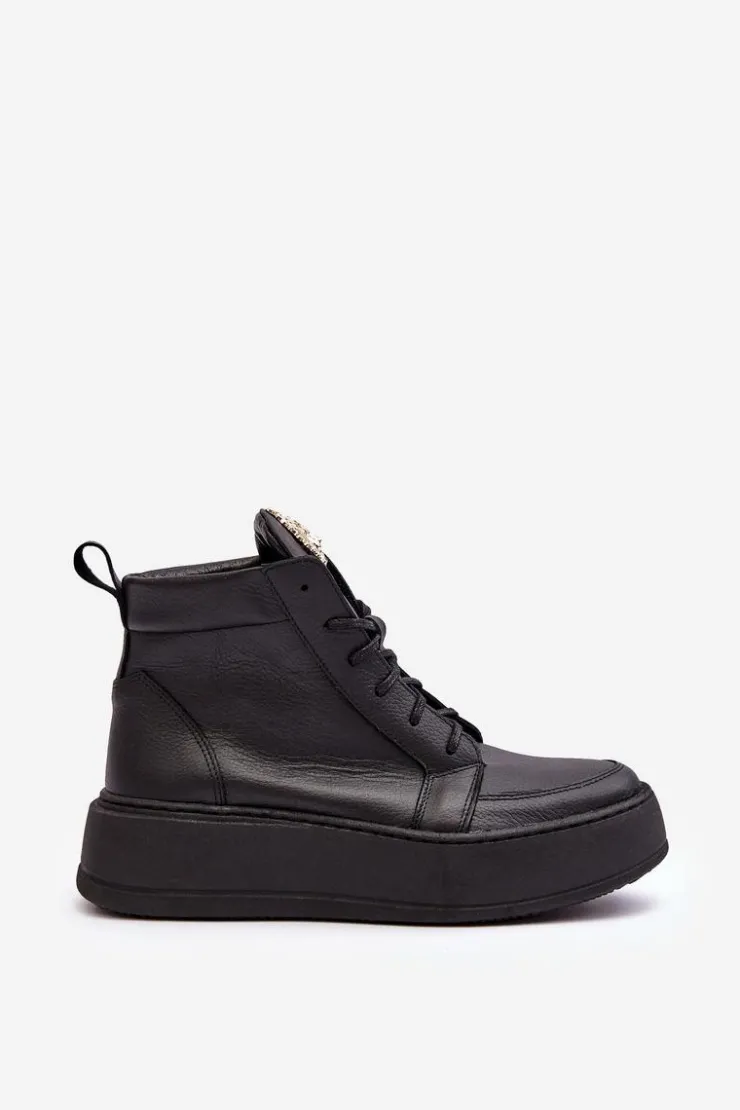 Damskie Boto Sznurowane Botki Damskie Z Ozdobą Skórzane Czarne Nicole 2833