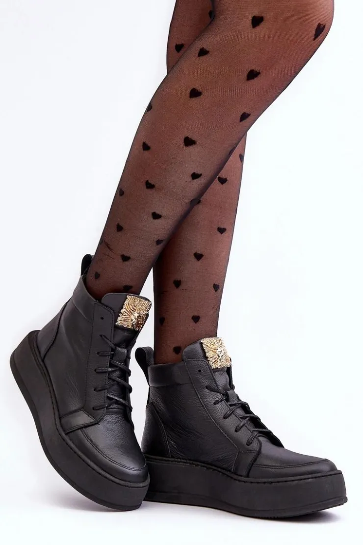 Damskie Boto Sznurowane Botki Damskie Z Ozdobą Skórzane Czarne Nicole 2833