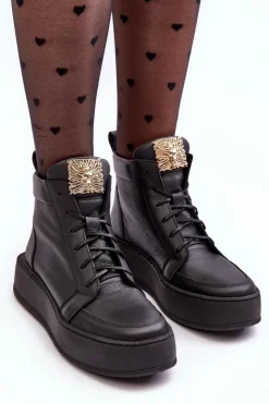 Damskie Boto Sznurowane Botki Damskie Z Ozdobą Skórzane Czarne Nicole 2833