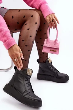 Damskie Boto Sznurowane Botki Damskie Z Ozdobą Skórzane Czarne Nicole 2833