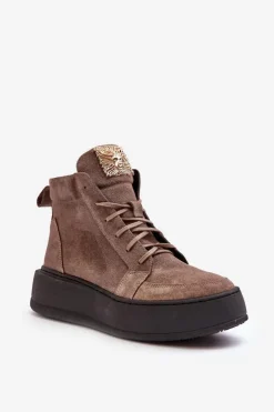 Damskie Boto Sznurowane Botki Damskie Z Ozdobą Skórzane Ciemnobeżowe Nicole 2833