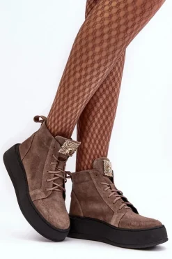 Damskie Boto Sznurowane Botki Damskie Z Ozdobą Skórzane Ciemnobeżowe Nicole 2833