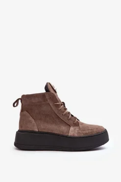 Damskie Boto Sznurowane Botki Damskie Z Ozdobą Skórzane Ciemnobeżowe Nicole 2833