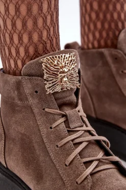 Damskie Boto Sznurowane Botki Damskie Z Ozdobą Skórzane Ciemnobeżowe Nicole 2833