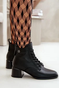 Damskie Buty damskie Vinceza Sznurowane Botki Damskie Na Obcasie Ze Skóry Naturalnej Ocieplane Czarne Vinceza 91110