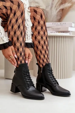 Damskie Buty damskie Vinceza Sznurowane Botki Damskie Na Obcasie Ze Skóry Naturalnej Ocieplane Czarne Vinceza 91110