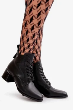 Damskie Buty damskie Vinceza Sznurowane Botki Damskie Na Obcasie Ze Skóry Naturalnej Ocieplane Czarne Vinceza 91110