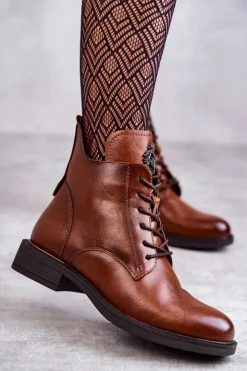 Buty damskie Vinceza Botki Sznurowane|Czarne Botki*Sznurowane Botki Na Płaskim Obcasie Karmelowe Grete