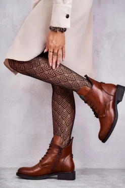 Buty damskie Vinceza Botki Sznurowane|Czarne Botki*Sznurowane Botki Na Płaskim Obcasie Karmelowe Grete