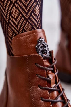 Buty damskie Vinceza Botki Sznurowane|Czarne Botki*Sznurowane Botki Na Płaskim Obcasie Karmelowe Grete