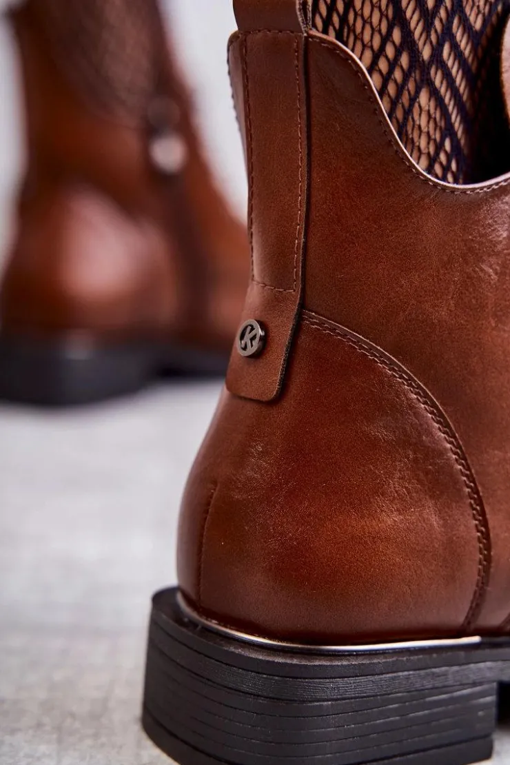 Buty damskie Vinceza Botki Sznurowane|Czarne Botki*Sznurowane Botki Na Płaskim Obcasie Karmelowe Grete