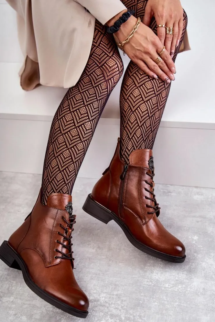 Buty damskie Vinceza Botki Sznurowane|Czarne Botki*Sznurowane Botki Na Płaskim Obcasie Karmelowe Grete