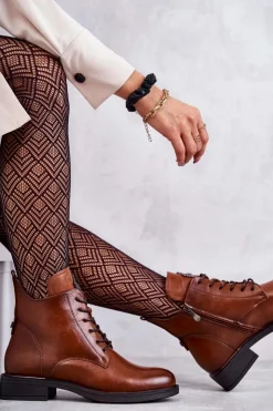 Buty damskie Vinceza Botki Sznurowane|Czarne Botki*Sznurowane Botki Na Płaskim Obcasie Karmelowe Grete