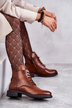 Buty damskie Vinceza Botki Sznurowane|Czarne Botki*Sznurowane Botki Na Płaskim Obcasie Karmelowe Grete