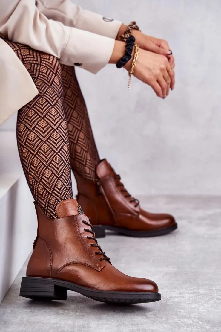 Buty damskie Vinceza Botki Sznurowane|Czarne Botki*Sznurowane Botki Na Płaskim Obcasie Karmelowe Grete