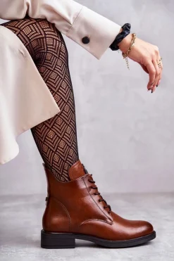 Buty damskie Vinceza Botki Sznurowane|Czarne Botki*Sznurowane Botki Na Płaskim Obcasie Karmelowe Grete