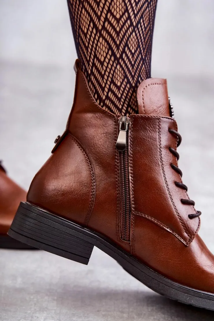 Buty damskie Vinceza Botki Sznurowane|Czarne Botki*Sznurowane Botki Na Płaskim Obcasie Karmelowe Grete