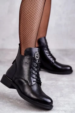 Buty damskie Vinceza Botki Sznurowane|Czarne Botki*Sznurowane Botki Na Płaskim Obcasie Czarne Grete