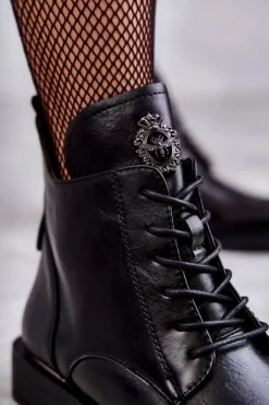 Buty damskie Vinceza Botki Sznurowane|Czarne Botki*Sznurowane Botki Na Płaskim Obcasie Czarne Grete