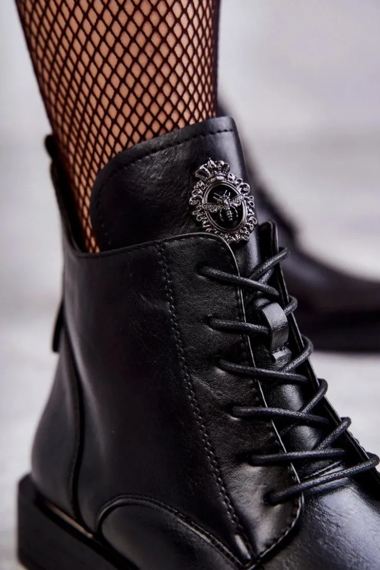 Buty damskie Vinceza Botki Sznurowane|Czarne Botki*Sznurowane Botki Na Płaskim Obcasie Czarne Grete