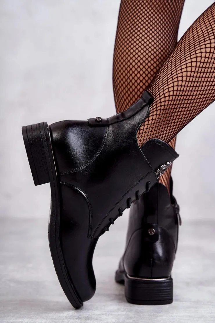 Buty damskie Vinceza Botki Sznurowane|Czarne Botki*Sznurowane Botki Na Płaskim Obcasie Czarne Grete