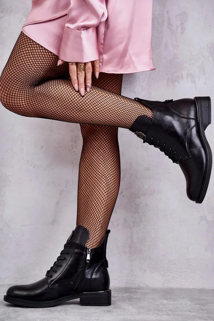 Buty damskie Vinceza Botki Sznurowane|Czarne Botki*Sznurowane Botki Na Płaskim Obcasie Czarne Grete