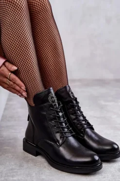 Buty damskie Vinceza Botki Sznurowane|Czarne Botki*Sznurowane Botki Na Płaskim Obcasie Czarne Grete