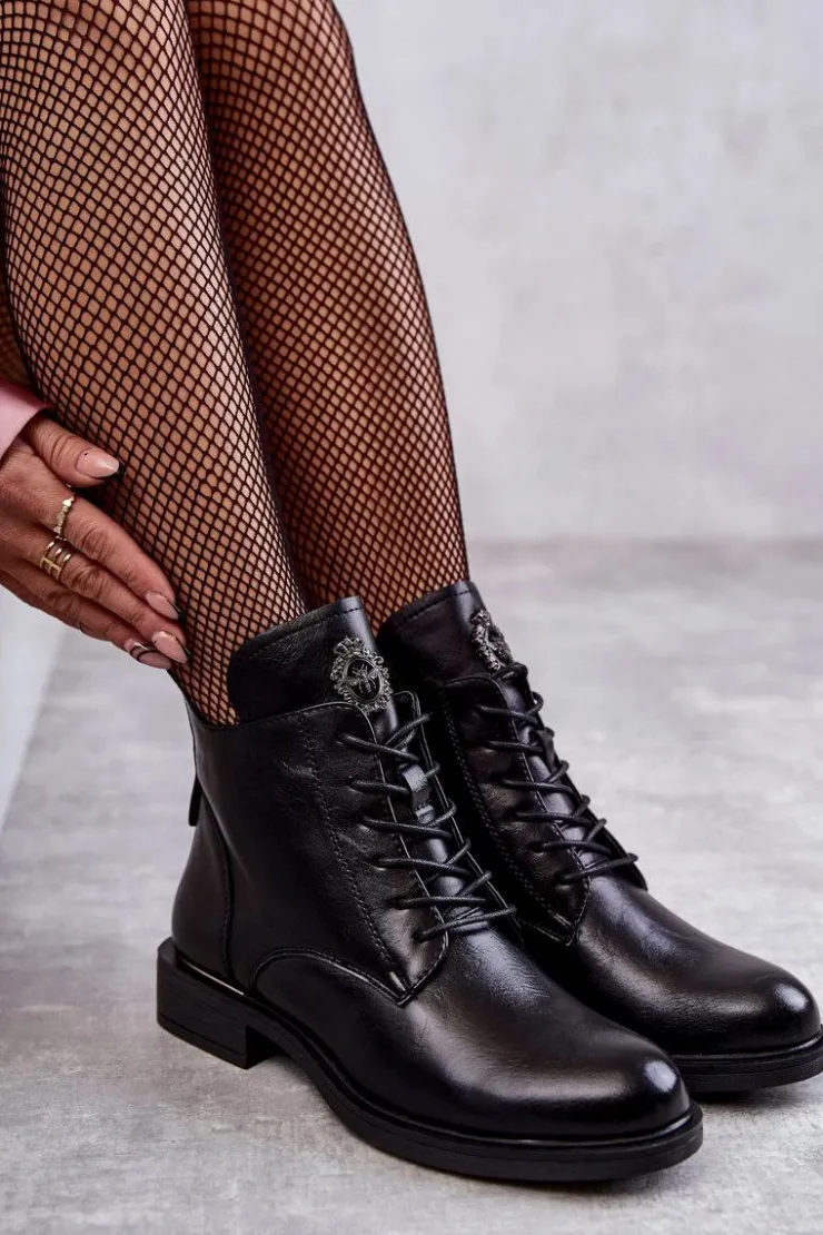 Buty damskie Vinceza Botki Sznurowane|Czarne Botki*Sznurowane Botki Na Płaskim Obcasie Czarne Grete