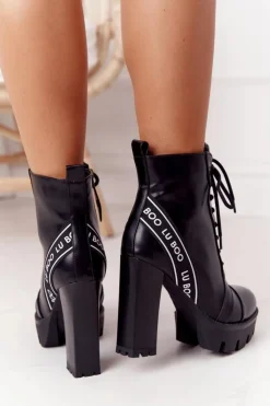 Damskie Boto Sznurowane Botki Na Słupku Lu Boo Czarne