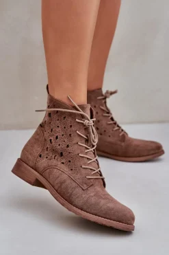 Damskie Damskie buty S.Barski Sznurowane Botki Z Ażurowym Wzorem S.Barski HY51-136 Brązowe