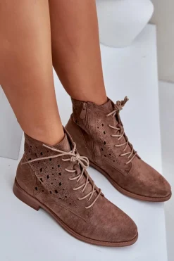 Damskie Damskie buty S.Barski Sznurowane Botki Z Ażurowym Wzorem S.Barski HY51-136 Brązowe