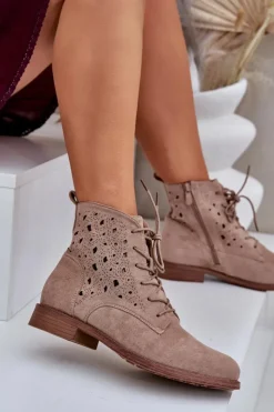 Clearance Damskie buty S.Barski Sznurowane Botki Z Ażurowym Wzorem S.Barski HY51-136 Beżowe Beżowy