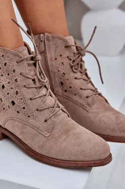 Clearance Damskie buty S.Barski Sznurowane Botki Z Ażurowym Wzorem S.Barski HY51-136 Beżowe Beżowy