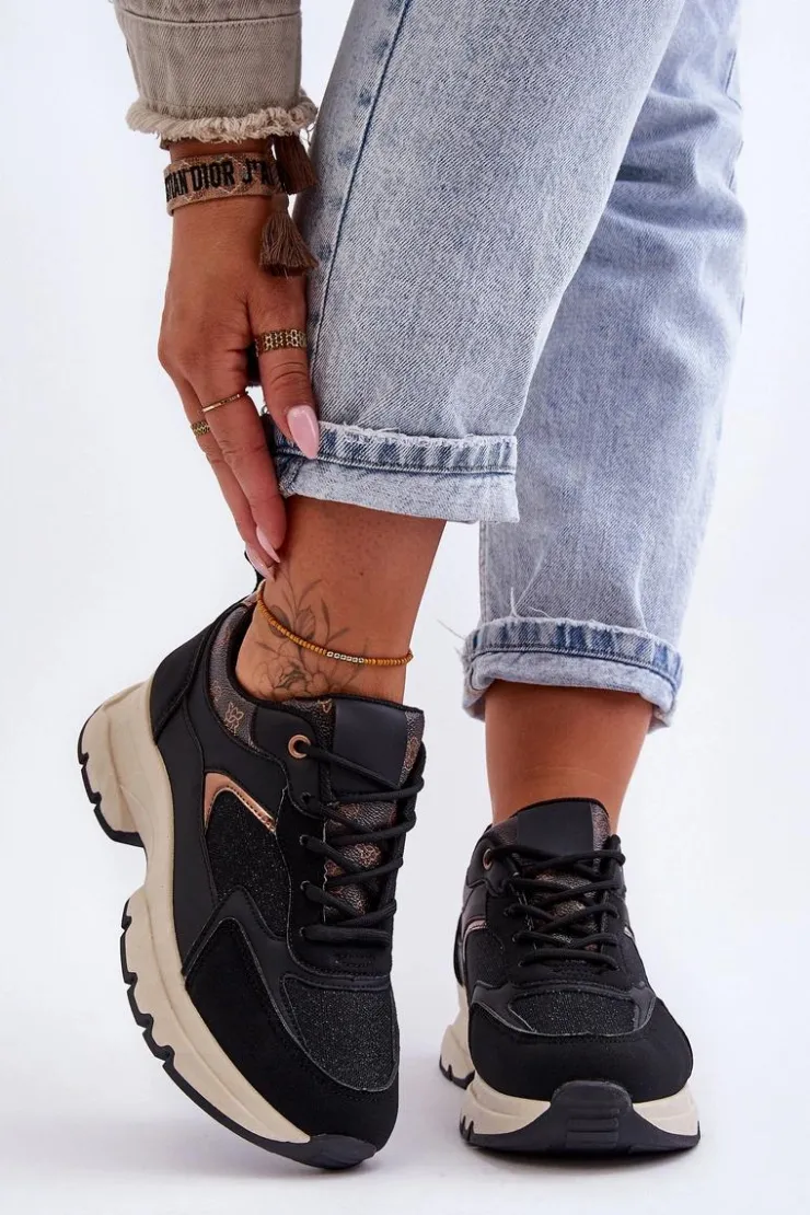 Damskie Boto Sznurowane Buty Sportowe Na Platformie Czarne Escape