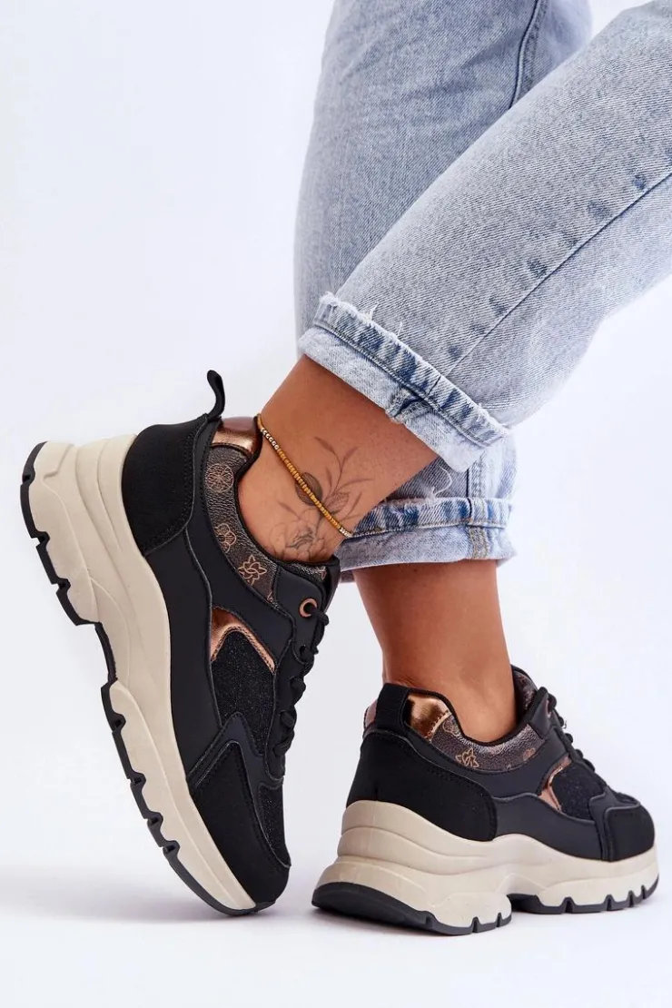 Damskie Boto Sznurowane Buty Sportowe Na Platformie Czarne Escape