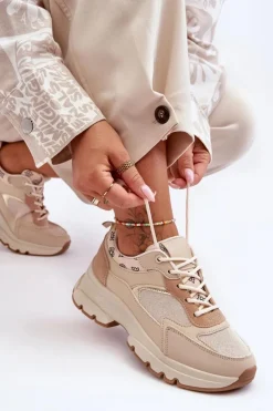 Boto Sneakersy Damskie*Sznurowane Buty Sportowe Na Platformie Beżowe Escape
