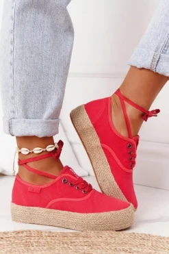 Outlet Big Star Shoes Sznurowane Espadryle Na Plecionej Platformie Big Star FF274141 Czerwone