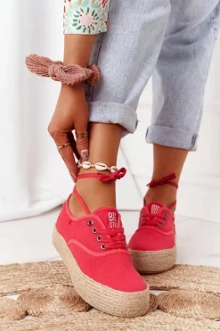 Outlet Big Star Shoes Sznurowane Espadryle Na Plecionej Platformie Big Star FF274141 Czerwone