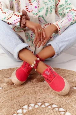 Outlet Big Star Shoes Sznurowane Espadryle Na Plecionej Platformie Big Star FF274141 Czerwone